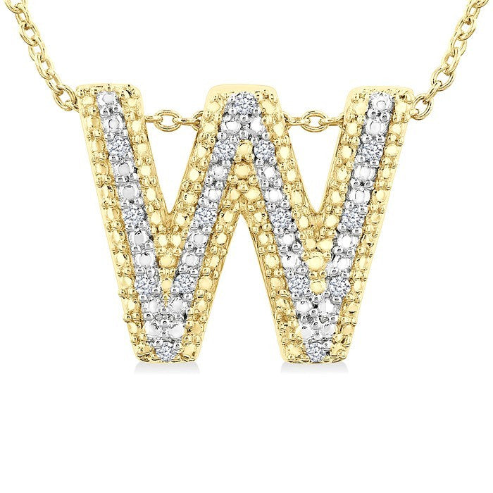1/20 Ctw Bubble Accent Initial 'W' Round Cut Diamond Fashion Pendant With Chain in Yellow Gold Vermeil
