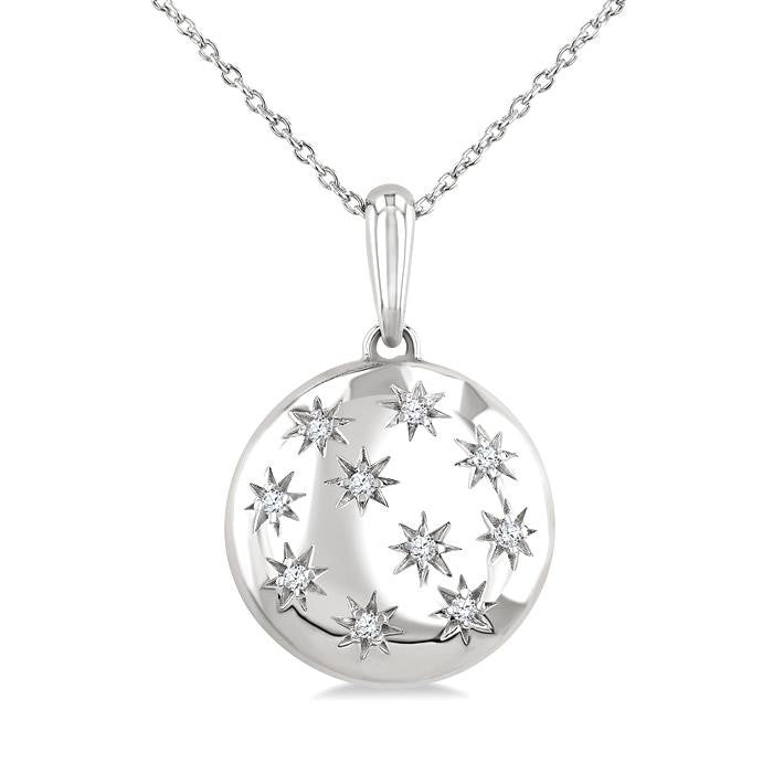 1/10 Ctw Bold Star Engraved Puffed Round Cut Diamond Pendant With Chain in Sterling Silver