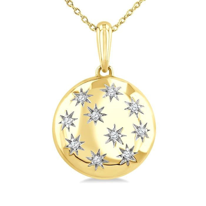 1/10 Ctw Bold Star Engraved Puffed Round Cut Diamond Pendant With Chain in Yellow Gold Vermeil