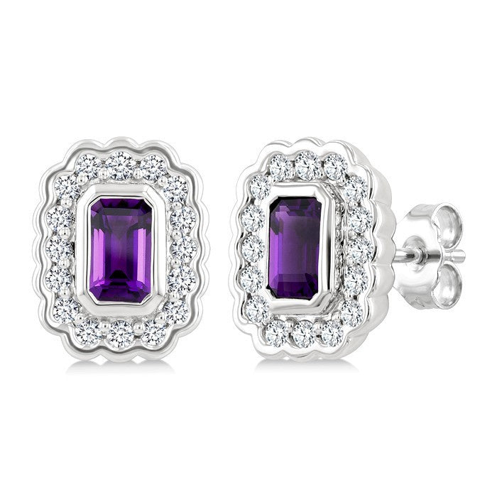 7X5 MM Octagon Cut Amethyst and 1.60 MM Round Cut White Topaz Bold Semi-Precious Earrings in Sterling Silver