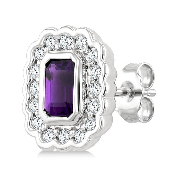 7X5 MM Octagon Cut Amethyst and 1.60 MM Round Cut White Topaz Bold Semi-Precious Earrings in Sterling Silver