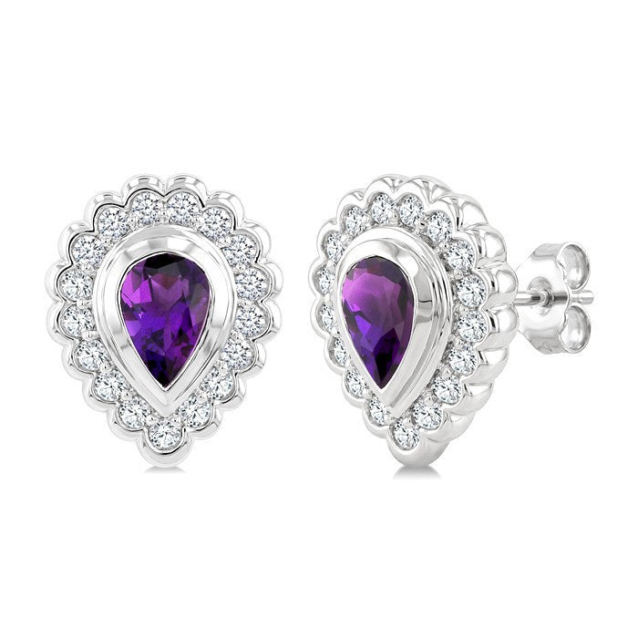 7X5 MM Pear Cut Amethyst and 1.6 MM Round Cut White Topaz Semi-Precious Bold Earrings in Sterling Silver