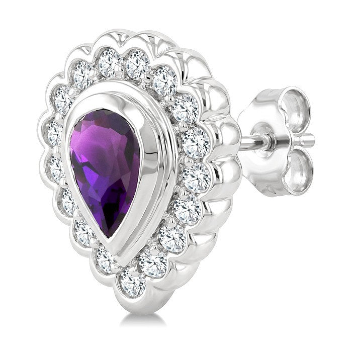 7X5 MM Pear Cut Amethyst and 1.6 MM Round Cut White Topaz Semi-Precious Bold Earrings in Sterling Silver