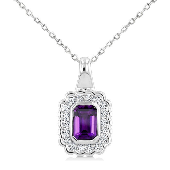 8X6 MM Octagon Cut Amethyst and 1.90 MM Round Cut White Topaz Bold Semi-Precious Pendant With Chain in Sterling Silver