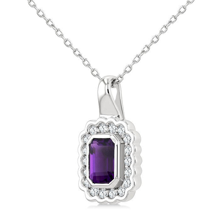8X6 MM Octagon Cut Amethyst and 1.90 MM Round Cut White Topaz Bold Semi-Precious Pendant With Chain in Sterling Silver