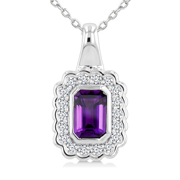 8X6 MM Octagon Cut Amethyst and 1.90 MM Round Cut White Topaz Bold Semi-Precious Pendant With Chain in Sterling Silver
