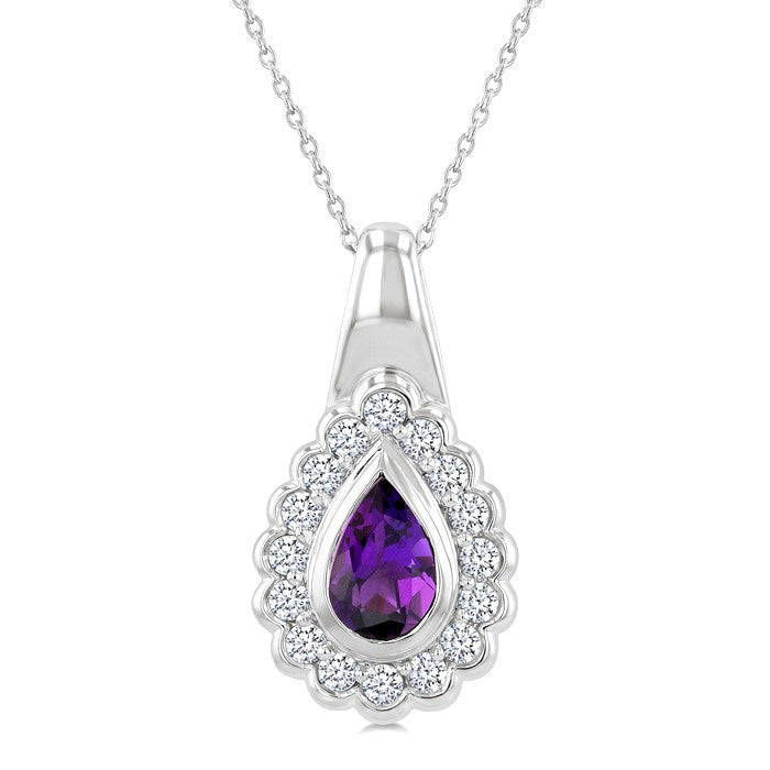 8X5 MM Pear Cut Amethyst and 1.9 MM Round Cut White Topaz Semi-Precious Bold Pendant With Chain in Sterling Silver