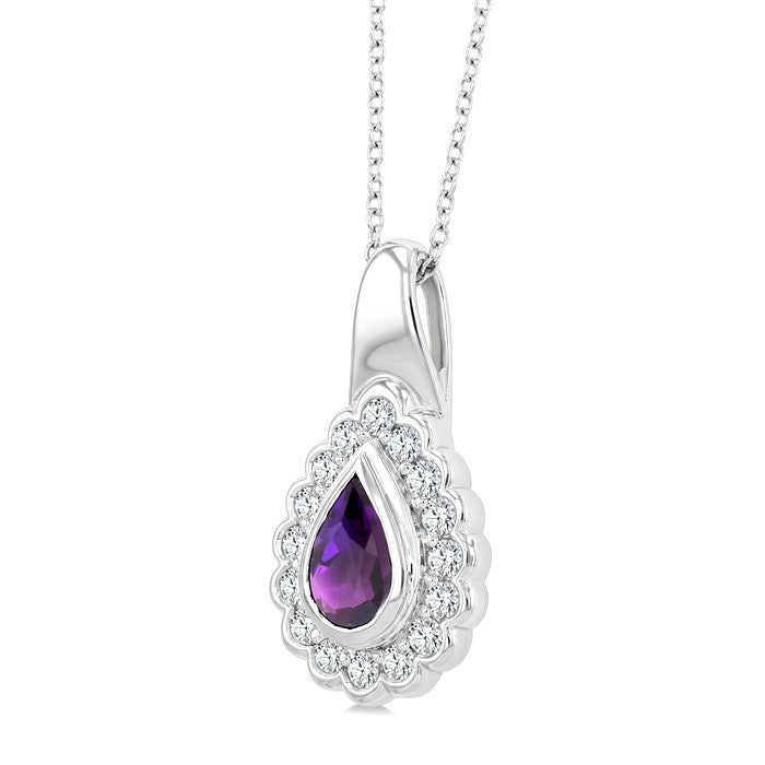 8X5 MM Pear Cut Amethyst and 1.9 MM Round Cut White Topaz Semi-Precious Bold Pendant With Chain in Sterling Silver