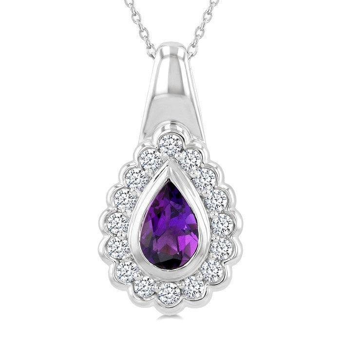 8X5 MM Pear Cut Amethyst and 1.9 MM Round Cut White Topaz Semi-Precious Bold Pendant With Chain in Sterling Silver