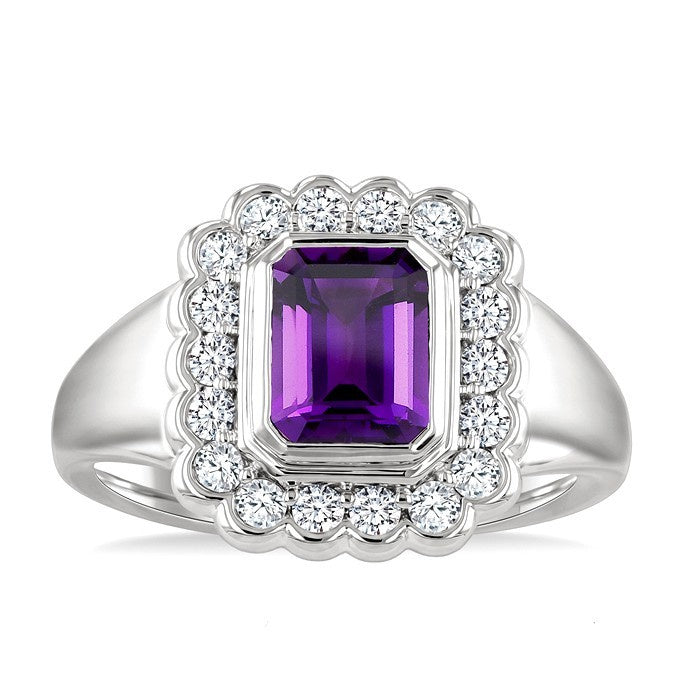 8X6 MM Octagon Cut Amethyst and 1.9 MM Round Cut White Topaz Semi-Precious Bold Ring in Sterling Silver