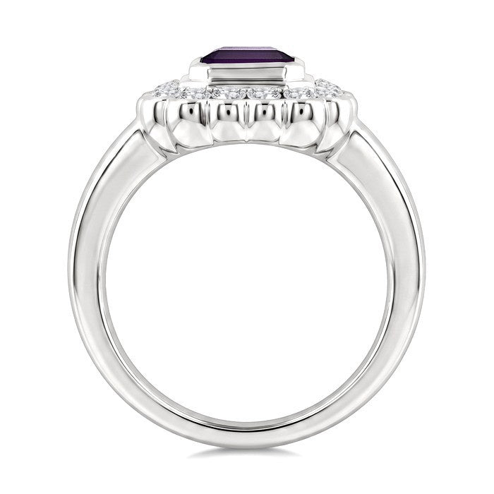 8X6 MM Octagon Cut Amethyst and 1.9 MM Round Cut White Topaz Semi-Precious Bold Ring in Sterling Silver