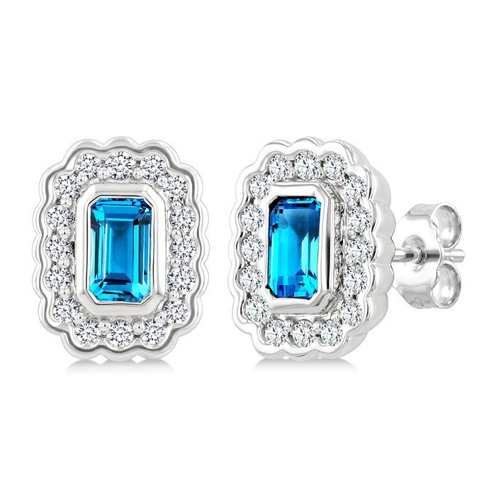 7X5 MM Octagon Shape Blue Topaz and 1.60 MM Round Cut White Topaz Semi-Precious Bold Earrings in Sterling Silver