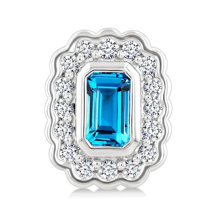 7X5 MM Octagon Shape Blue Topaz and 1.60 MM Round Cut White Topaz Semi-Precious Bold Earrings in Sterling Silver
