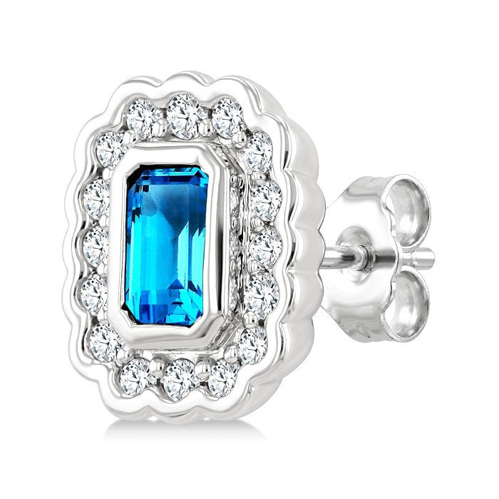 7X5 MM Octagon Shape Blue Topaz and 1.60 MM Round Cut White Topaz Semi-Precious Bold Earrings in Sterling Silver
