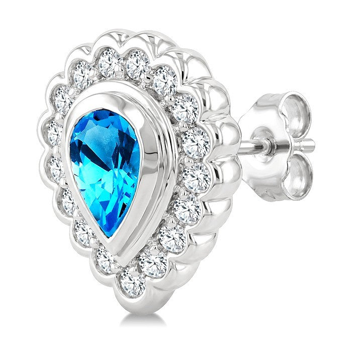 7X5 MM Pear Cut Blue Topaz and 1.6 MM Round Cut White Topaz Semi-Precious Bold Earrings in Sterling Silver