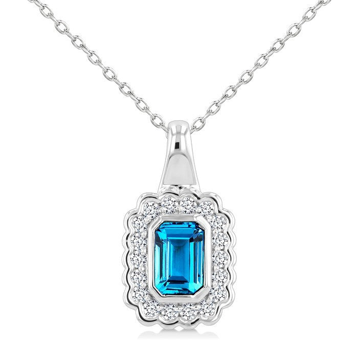 8X6 MM Octagon Shape Blue Topaz and 1.90 MM Round Cut White Topaz Semi-Precious Bold Pendant With Chain in Sterling Silver