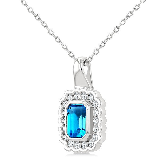 8X6 MM Octagon Shape Blue Topaz and 1.90 MM Round Cut White Topaz Semi-Precious Bold Pendant With Chain in Sterling Silver
