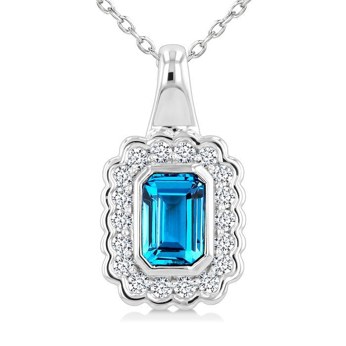 8X6 MM Octagon Shape Blue Topaz and 1.90 MM Round Cut White Topaz Semi-Precious Bold Pendant With Chain in Sterling Silver