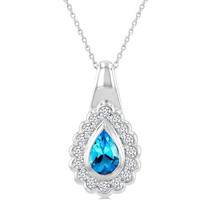 8X5 MM Pear Cut Blue Topaz and 1.9 MM Round Cut White Topaz Semi-Precious Bold Pendant With Chain in Sterling Silver