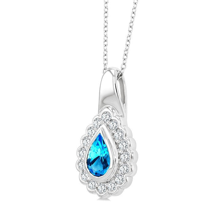 8X5 MM Pear Cut Blue Topaz and 1.9 MM Round Cut White Topaz Semi-Precious Bold Pendant With Chain in Sterling Silver
