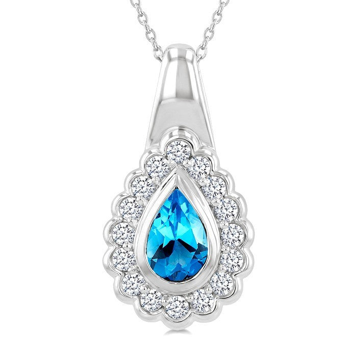 8X5 MM Pear Cut Blue Topaz and 1.9 MM Round Cut White Topaz Semi-Precious Bold Pendant With Chain in Sterling Silver
