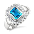 8X6 MM Octagon Shape Blue Topaz and 1.90 MM Round Cut White Topaz Semi-Precious Bold Ring in Sterling Silver