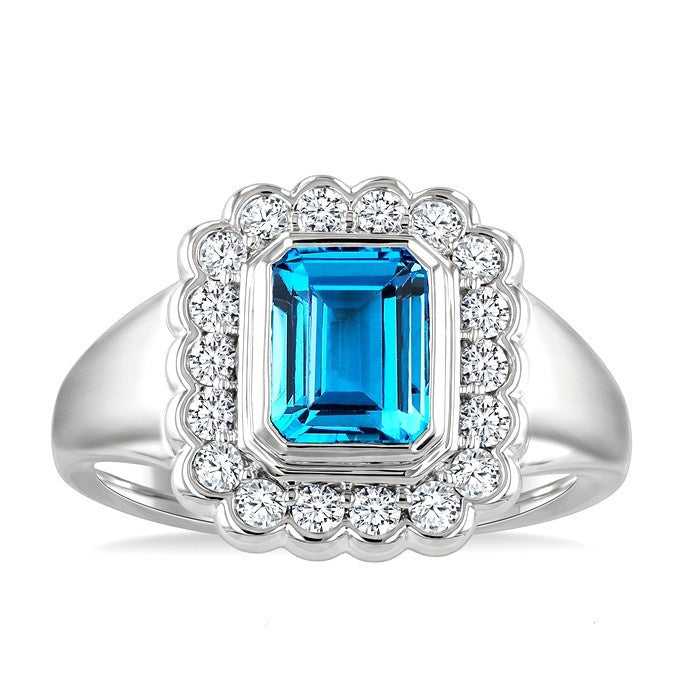 8X6 MM Octagon Shape Blue Topaz and 1.90 MM Round Cut White Topaz Semi-Precious Bold Ring in Sterling Silver