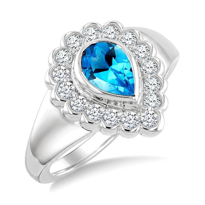 8X5 MM Pear Cut Blue Topaz and 1.9 MM Round Cut White Topaz Semi-Precious Bold Ring in Sterling Silver
