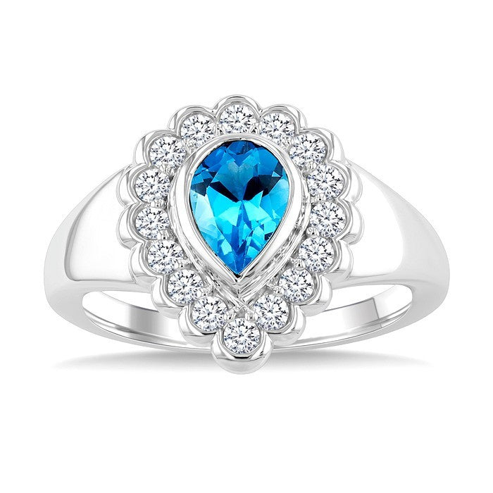 8X5 MM Pear Cut Blue Topaz and 1.9 MM Round Cut White Topaz Semi-Precious Bold Ring in Sterling Silver