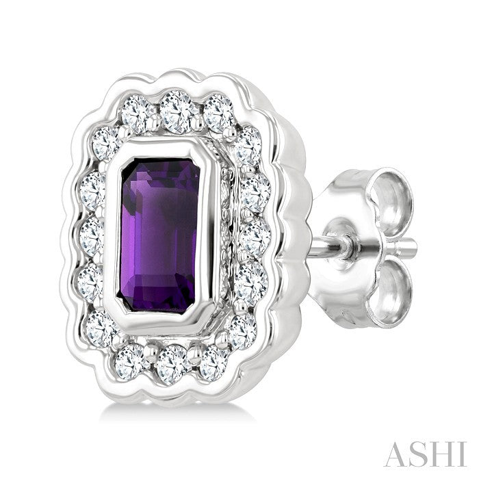 7X5 MM Octagon Cut Amethyst and 1.60 MM Round Cut White Topaz Bold Semi-Precious Earrings in Sterling Silver