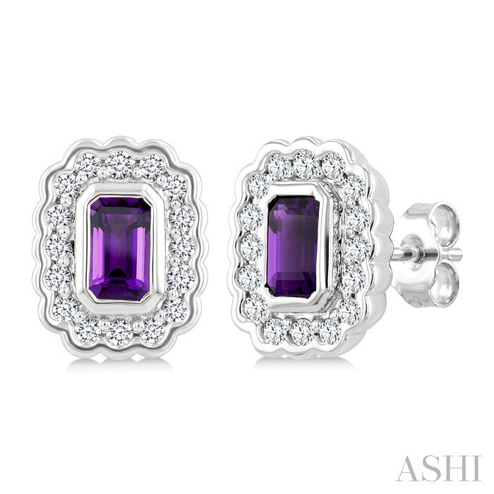 7X5 MM Octagon Cut Amethyst and 1.60 MM Round Cut White Topaz Bold Semi-Precious Earrings in Sterling Silver