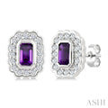 7X5 MM Octagon Cut Amethyst and 1.60 MM Round Cut White Topaz Bold Semi-Precious Earrings in Sterling Silver