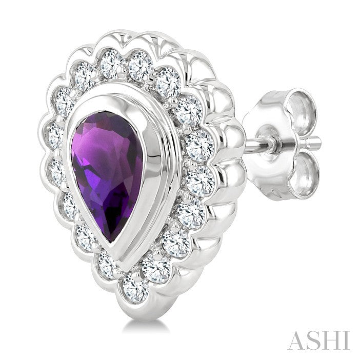 7X5 MM Pear Cut Amethyst and 1.6 MM Round Cut White Topaz Semi-Precious Bold Earrings in Sterling Silver
