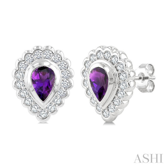 7X5 MM Pear Cut Amethyst and 1.6 MM Round Cut White Topaz Semi-Precious Bold Earrings in Sterling Silver