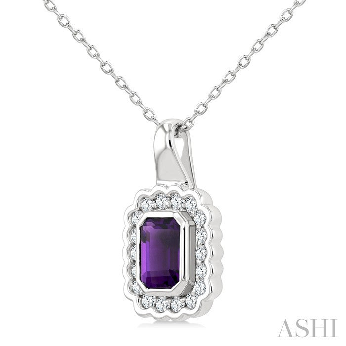 8X6 MM Octagon Cut Amethyst and 1.90 MM Round Cut White Topaz Bold Semi-Precious Pendant With Chain in Sterling Silver