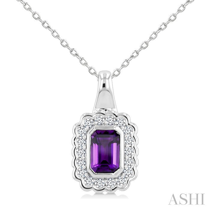 8X6 MM Octagon Cut Amethyst and 1.90 MM Round Cut White Topaz Bold Semi-Precious Pendant With Chain in Sterling Silver