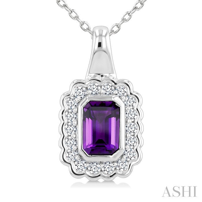 8X6 MM Octagon Cut Amethyst and 1.90 MM Round Cut White Topaz Bold Semi-Precious Pendant With Chain in Sterling Silver