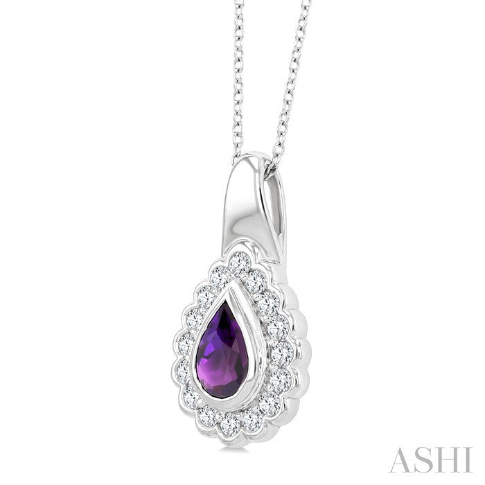 8X5 MM Pear Cut Amethyst and 1.9 MM Round Cut White Topaz Semi-Precious Bold Pendant With Chain in Sterling Silver
