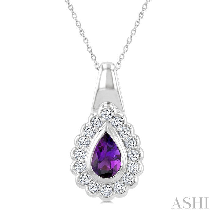 8X5 MM Pear Cut Amethyst and 1.9 MM Round Cut White Topaz Semi-Precious Bold Pendant With Chain in Sterling Silver