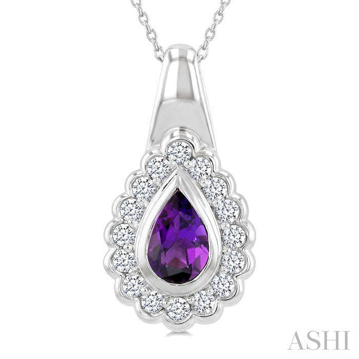 8X5 MM Pear Cut Amethyst and 1.9 MM Round Cut White Topaz Semi-Precious Bold Pendant With Chain in Sterling Silver