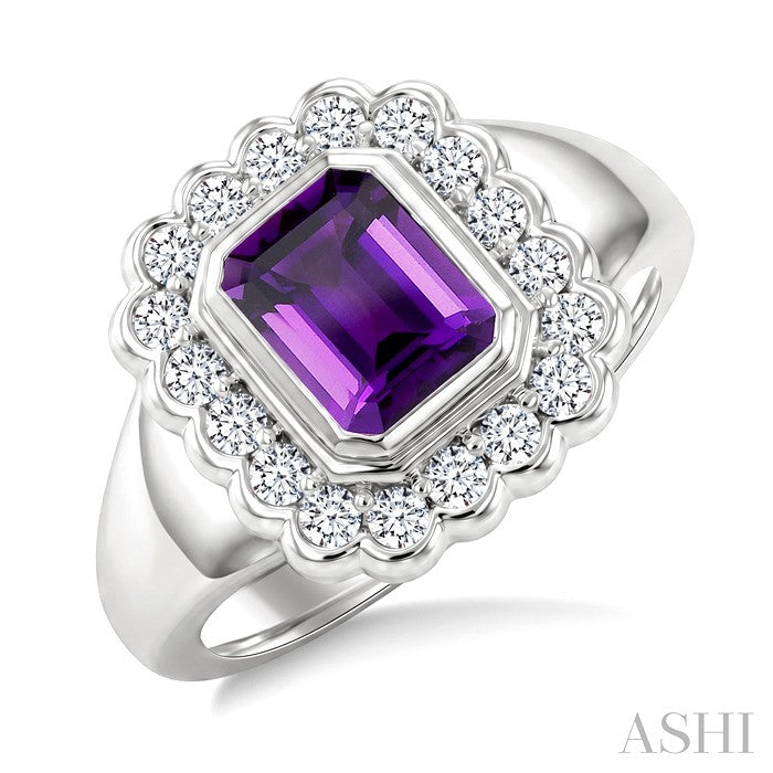 8X6 MM Octagon Cut Amethyst and 1.9 MM Round Cut White Topaz Semi-Precious Bold Ring in Sterling Silver