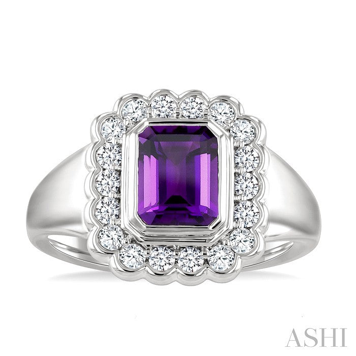 8X6 MM Octagon Cut Amethyst and 1.9 MM Round Cut White Topaz Semi-Precious Bold Ring in Sterling Silver
