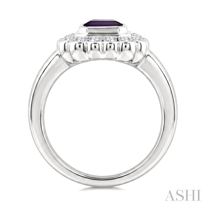 8X6 MM Octagon Cut Amethyst and 1.9 MM Round Cut White Topaz Semi-Precious Bold Ring in Sterling Silver