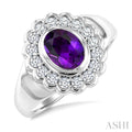 8X6 MM Oval Cut Amethyst and 1.9 MM Round Cut White Topaz Semi-Precious Bold Ring in Sterling Silver