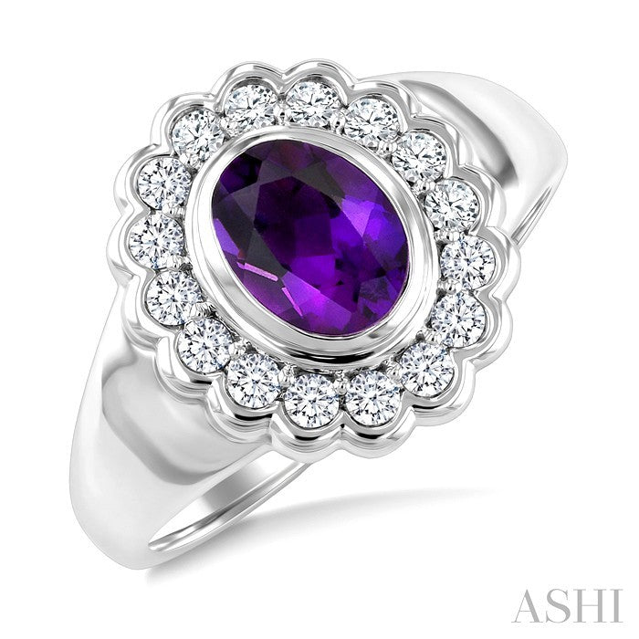 8X6 MM Oval Cut Amethyst and 1.9 MM Round Cut White Topaz Semi-Precious Bold Ring in Sterling Silver