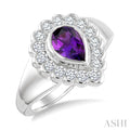 8X5 MM Pear Cut Amethyst and 1.9 MM Round Cut White Topaz Semi-Precious Bold Ring in Sterling Silver