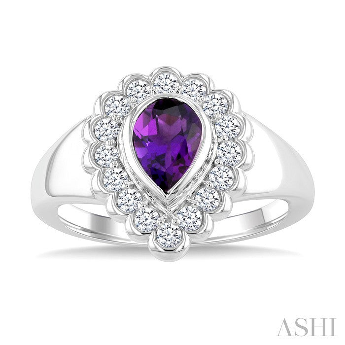 8X5 MM Pear Cut Amethyst and 1.9 MM Round Cut White Topaz Semi-Precious Bold Ring in Sterling Silver