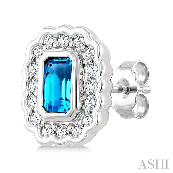 7X5 MM Octagon Shape Blue Topaz and 1.60 MM Round Cut White Topaz Semi-Precious Bold Earrings in Sterling Silver