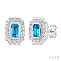 7X5 MM Octagon Shape Blue Topaz and 1.60 MM Round Cut White Topaz Semi-Precious Bold Earrings in Sterling Silver