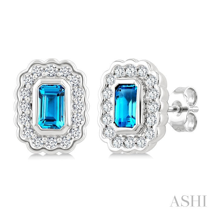 7X5 MM Octagon Shape Blue Topaz and 1.60 MM Round Cut White Topaz Semi-Precious Bold Earrings in Sterling Silver